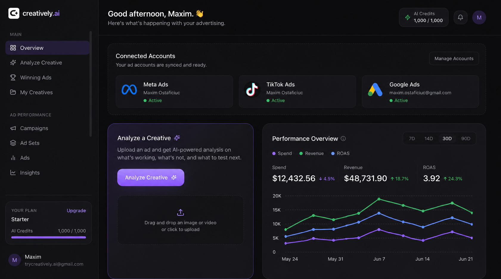 The Creatively.ai dashboard — Overview, Analyze Creative, Winning Ads, My Creatives, Campaigns, Ad Sets, Ads, Insights, AI Credits, Connected Accounts, Performance Overview with Spend, Revenue and ROAS